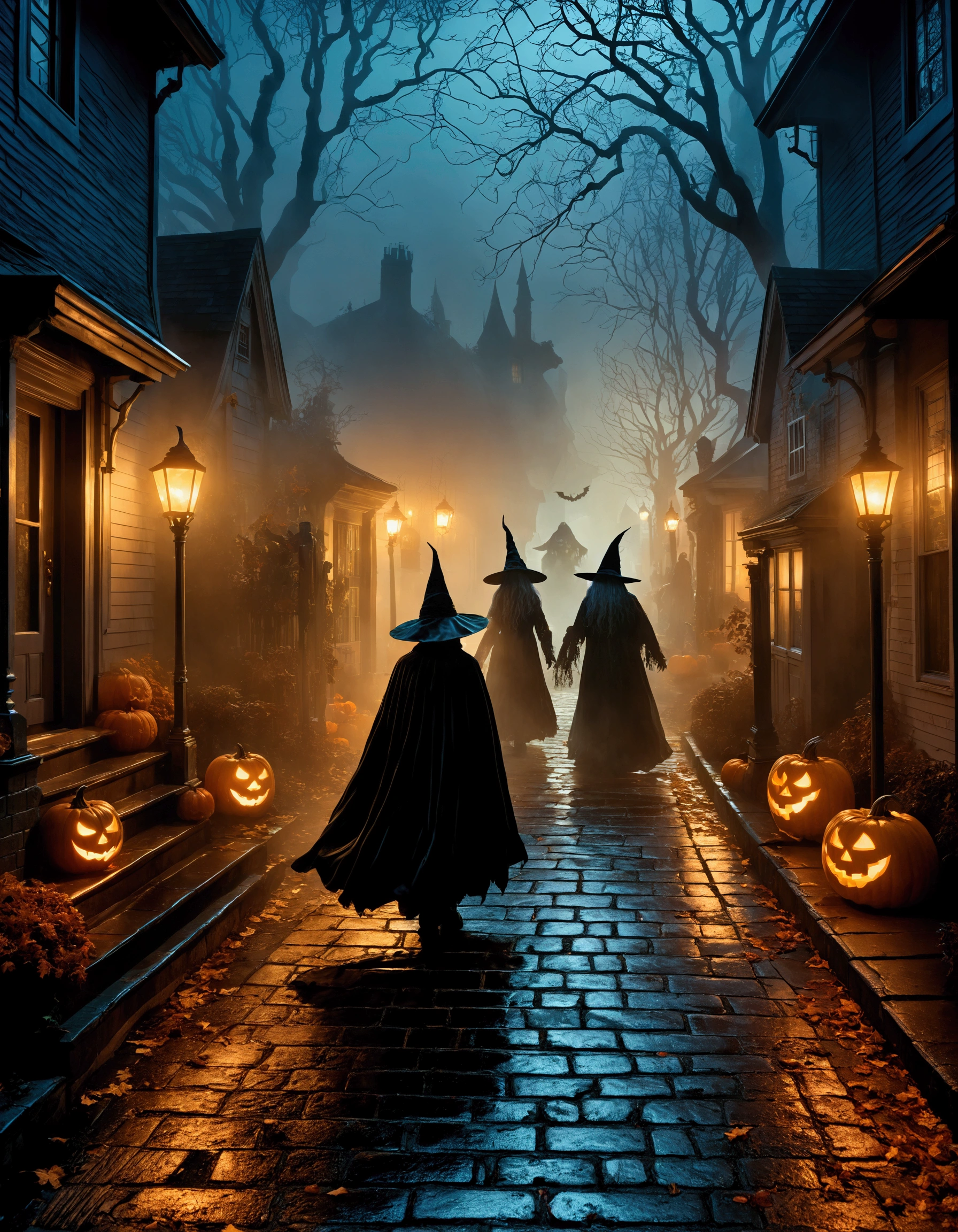 "A realistic Halloween night scene of ren in various costumes—witch, ghost, skeleton—walking along a foggy, dimly lit street with jack-o'-lanterns glowing on doorsteps. The atmosphere is eerie, with faint shadows cast by street lamps, creating an unsettling yet nostalgic Halloween vibe."