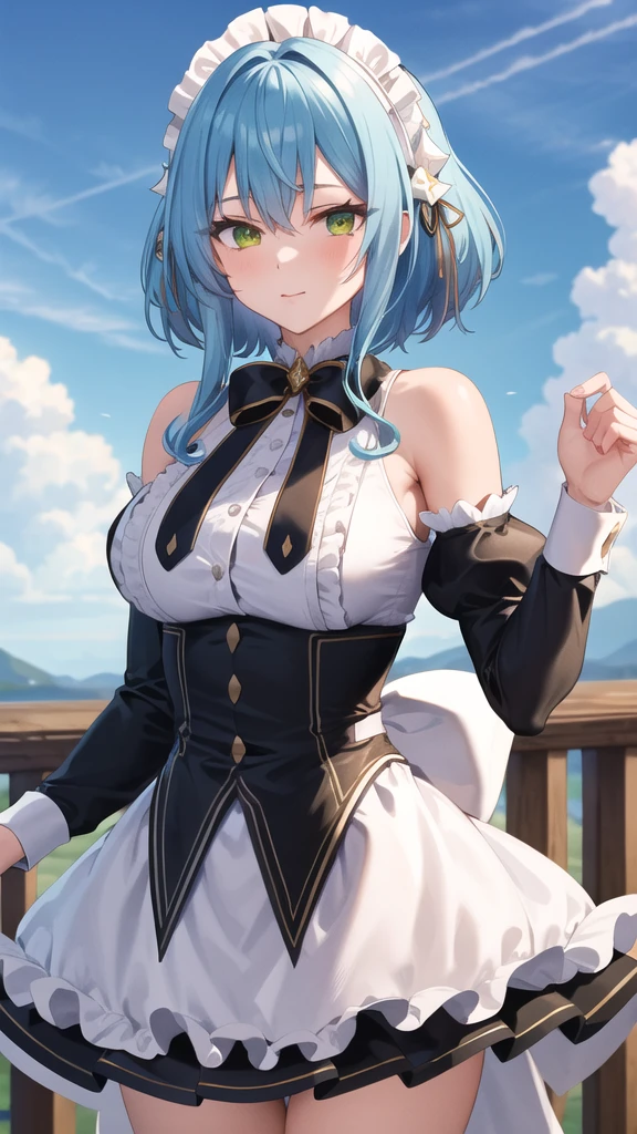 masterpiece, best quality, highres, aavillhaze, short hair, maid headdress, green eyes, breasts, maid, black bowtie, bare shoulders, frills, dress, underbust, detached sleeves, long sleeves, maid apron, standing, cowboy shot, outdoors