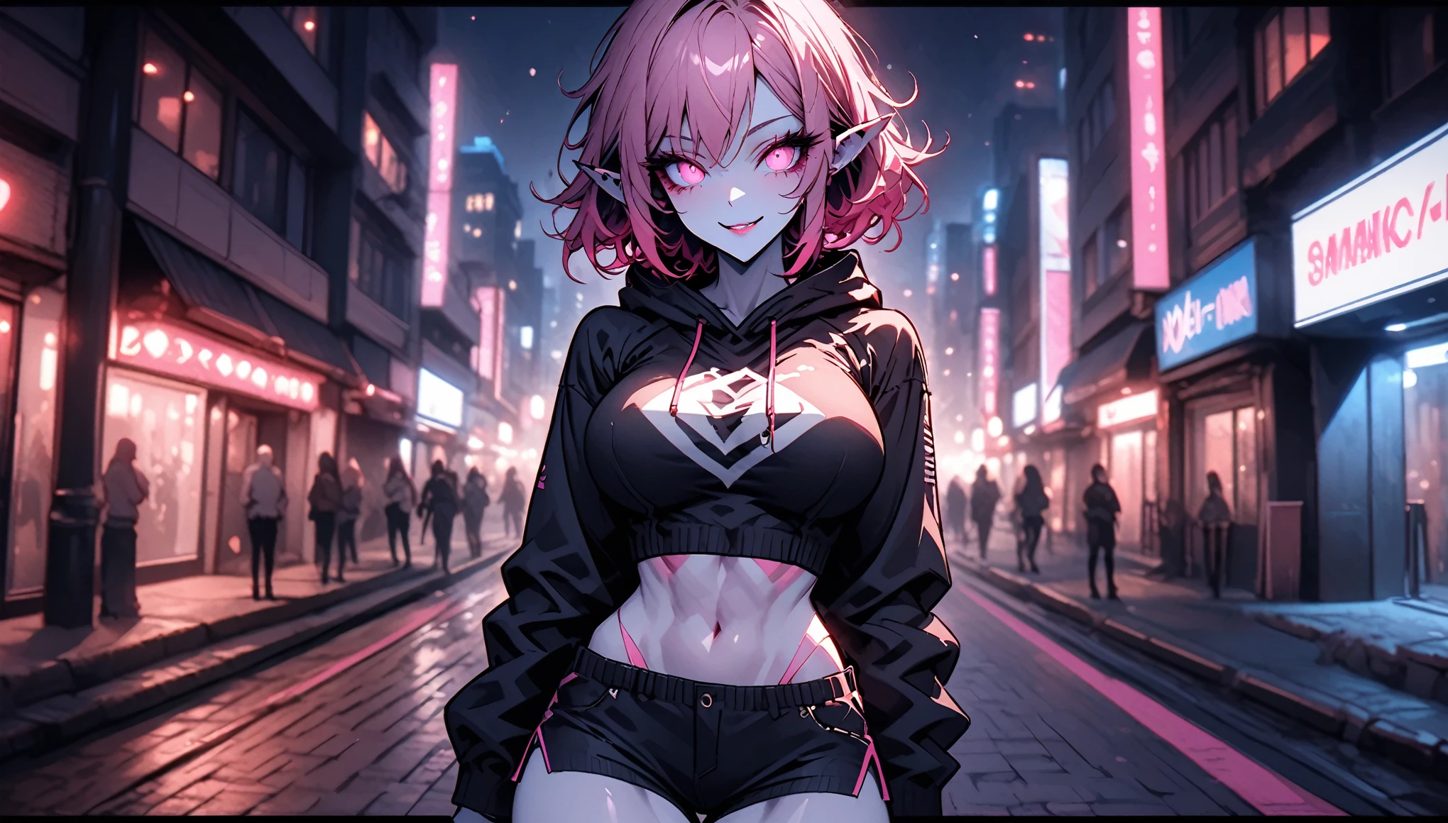 solo, short alien woman, short messy hair, dark pink hair, black sclera:1.7, bright pink eyes, triangular ears, large breasts, very slim waist, wide smile, night, close up, tone-tone skin, pink and white skin, two color skin, tight shirt, shorts, midriff, cheerful, tomboy, adult, tone-tone face, hoody, aquatic, sidewalk, city, hands in hoody, toned, wide hips, thick thighs, long lashes, seductive, crop top hoody, girly, glowing eyes:0.3