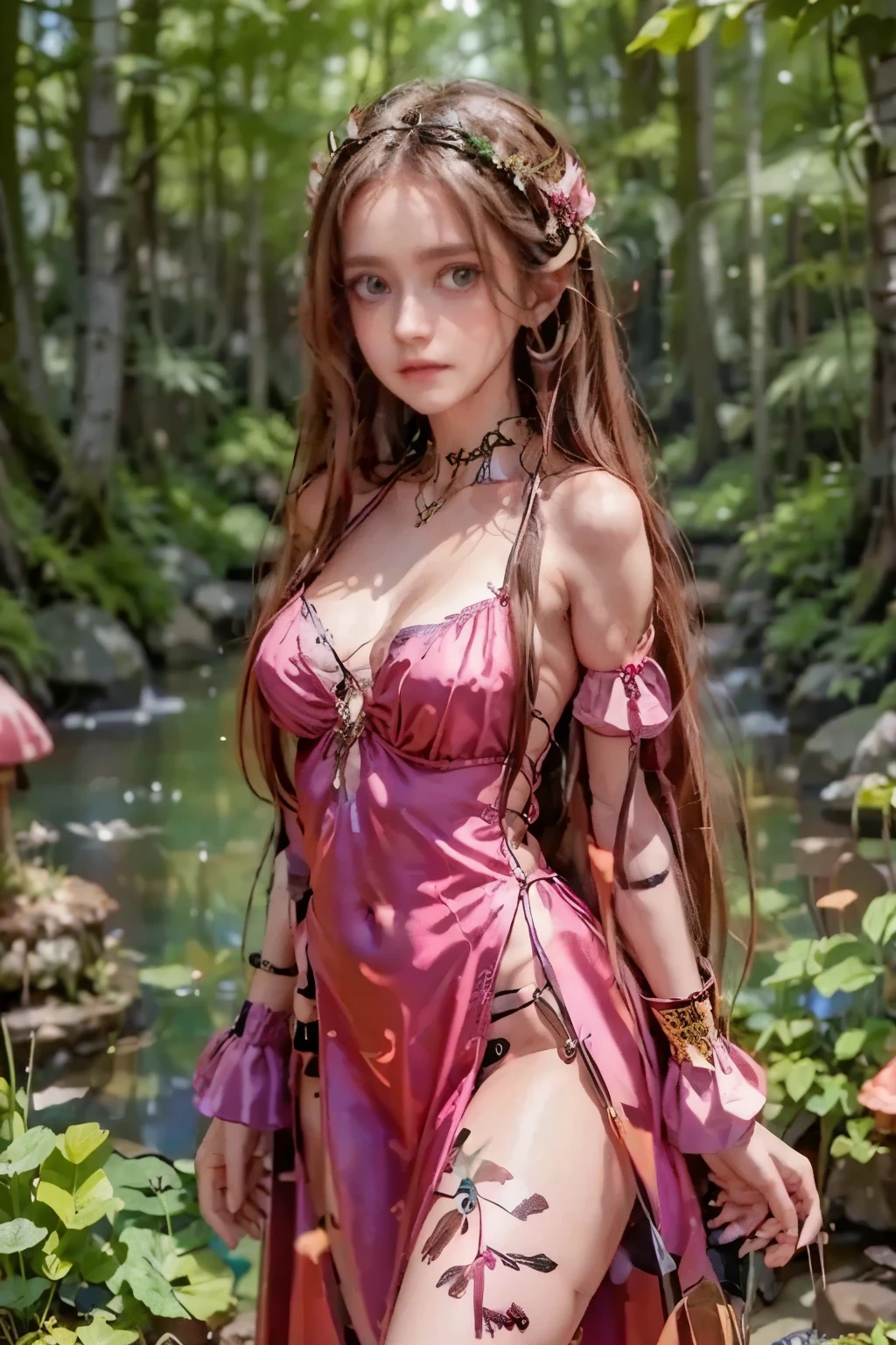 A dreamlike fantasy landscape, a surreal forest with glowing mushrooms, floating islands, and a whimsical castle in the distance, 1girl, detailed face, beautiful eyes, long hair, detailed dress, walking through the mystical scenery, (best quality,4k,8k,highres,masterpiece:1.2),ultra-detailed,(realistic,photorealistic,photo-realistic:1.37),fantasy,surreal,dreamscape,magical,ethereal,glowing,vibrant colors,dramatic lighting