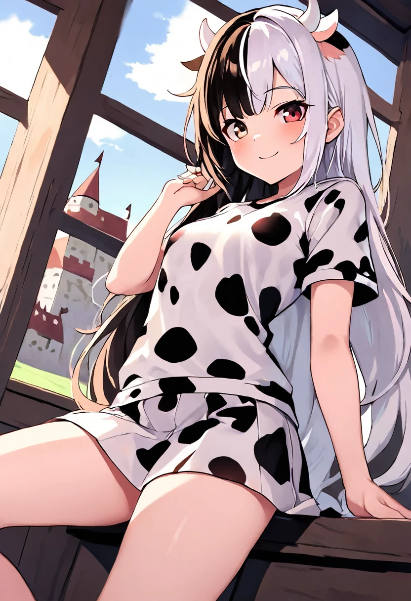 (masterpiece:0.7), (absurdres:0.7), (original:0.7), 1girl, white horns, split-color_hair, cow print shirt, cow print skirt, small breasts, smile, castle