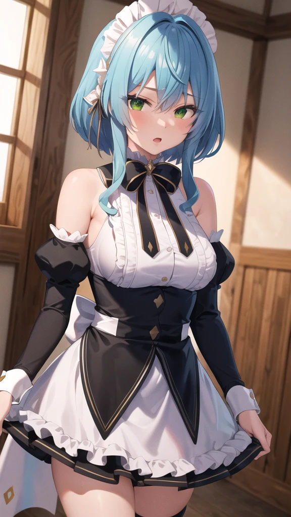 masterpiece, best quality, highres, aavillhaze, short hair, maid headdress, green eyes, breasts, maid, black bowtie, bare shoulders, frills, dress, underbust, detached sleeves, long sleeves, maid apron, walking, cowboy shot, :o, town