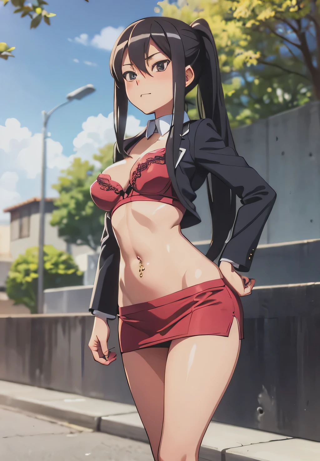 Pitohui_Elza, masterpiece, best quality, highly detailed, blazer, sexy gaze, (nsfw) not
safe for work, black bra, anime girl with long hair, long haired girl,
navel, exposed belly, exposed navel, exposed midriff, exposed lower belly, micro
miniskirt, micro pencil skirt, pencil skirt, outdoor,street,road, navel piercing