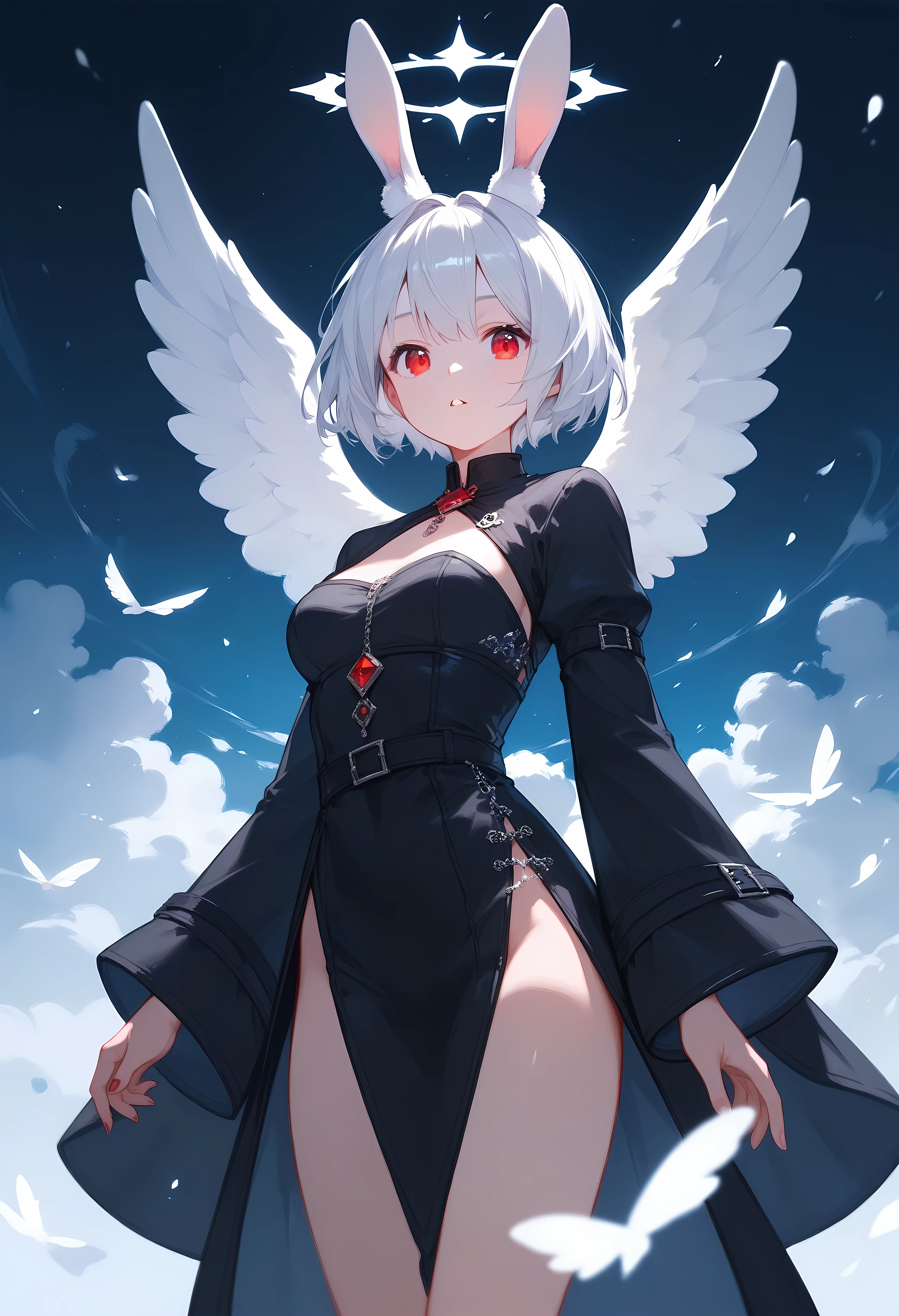 White hair, French baret, nun, exposed breasts, medium sized breast, 19 years old, prays, cross necklace, close portrait, cute anime girl, red eyes, white angel wings, praying