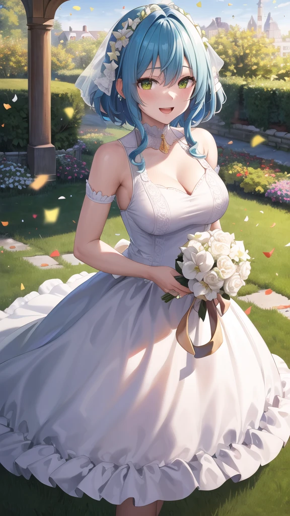 masterpiece, best quality, highres, aavillhaze, short hair, green eyes, breasts, wedding dress, standing, garden, confetti, holding bouquet, smile, open mouth, 