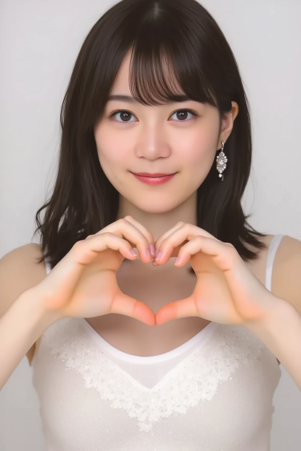 She is in a pose wearing a sexy camisole, making a firm big heart shape with both hands, and holding it in front of her chest, Cute smile up

