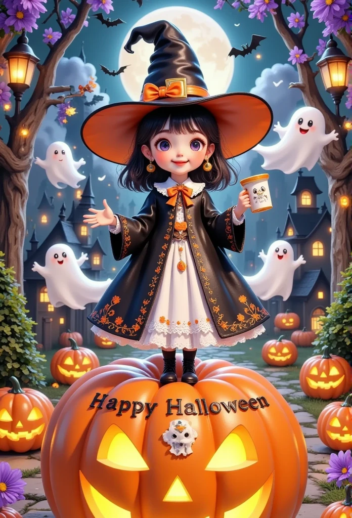 Commercial illustration, poster, high-definition wallpaper, Halloween theme, a witch standing on top of a pumpkin with a full moon background, smiling, wearing a black hat and robe. There are words' Happy Halloween 'below the poster. She raised her hand and held a small cup. There are many floating pumpkins in the surrounding scene, which are gray in color, with a castle as the background and white ghosts flying around. There are also green trees, cartoon style, the best quality, exquisite details, rich color，Western Halloween elements, 8k, super details, pop market toys, workshop lighting