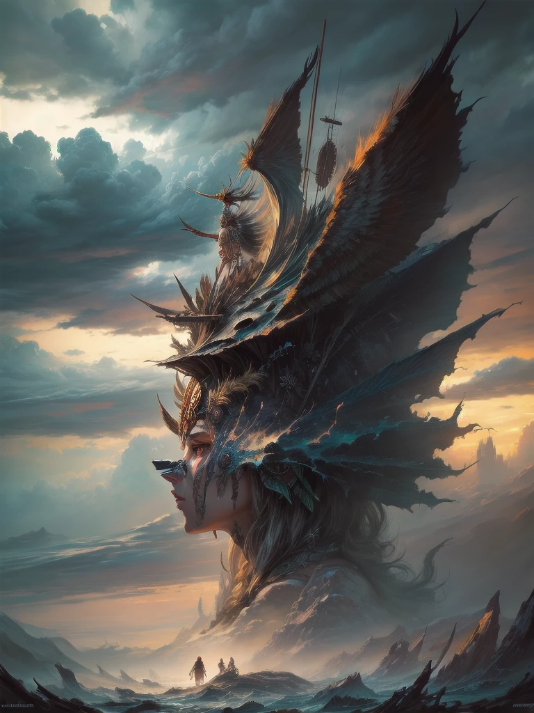 ((Tribal maiden)) amidst the remnants of an ancient civilization, facing a turbulent storm, swirling clouds, dynamic composition, painterly details, fantasy realism, captivating and dark ambiance."