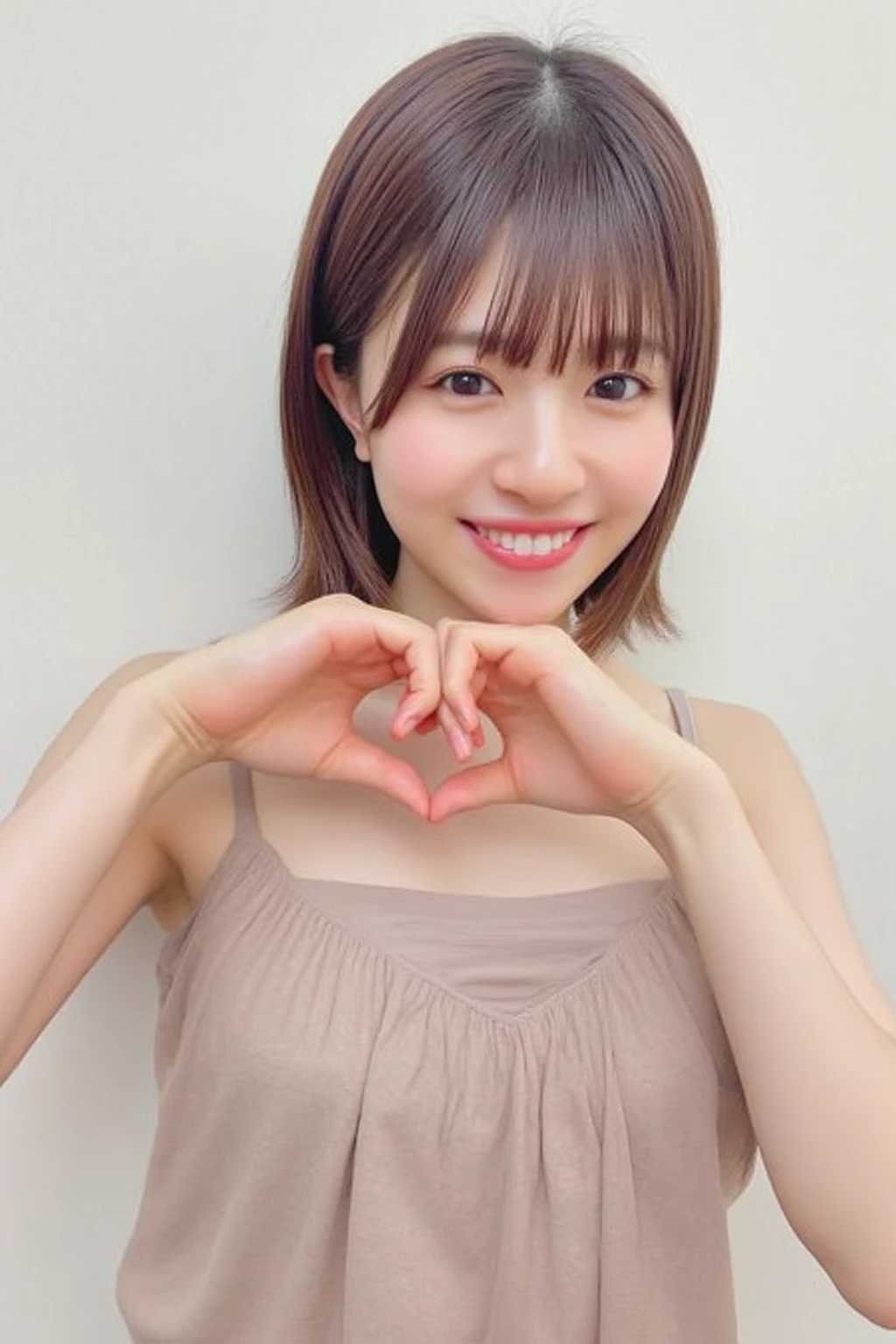 She is in a pose wearing a sexy camisole, making a firm big heart shape with both hands, and holding it in front of her chest, Cute smile up

