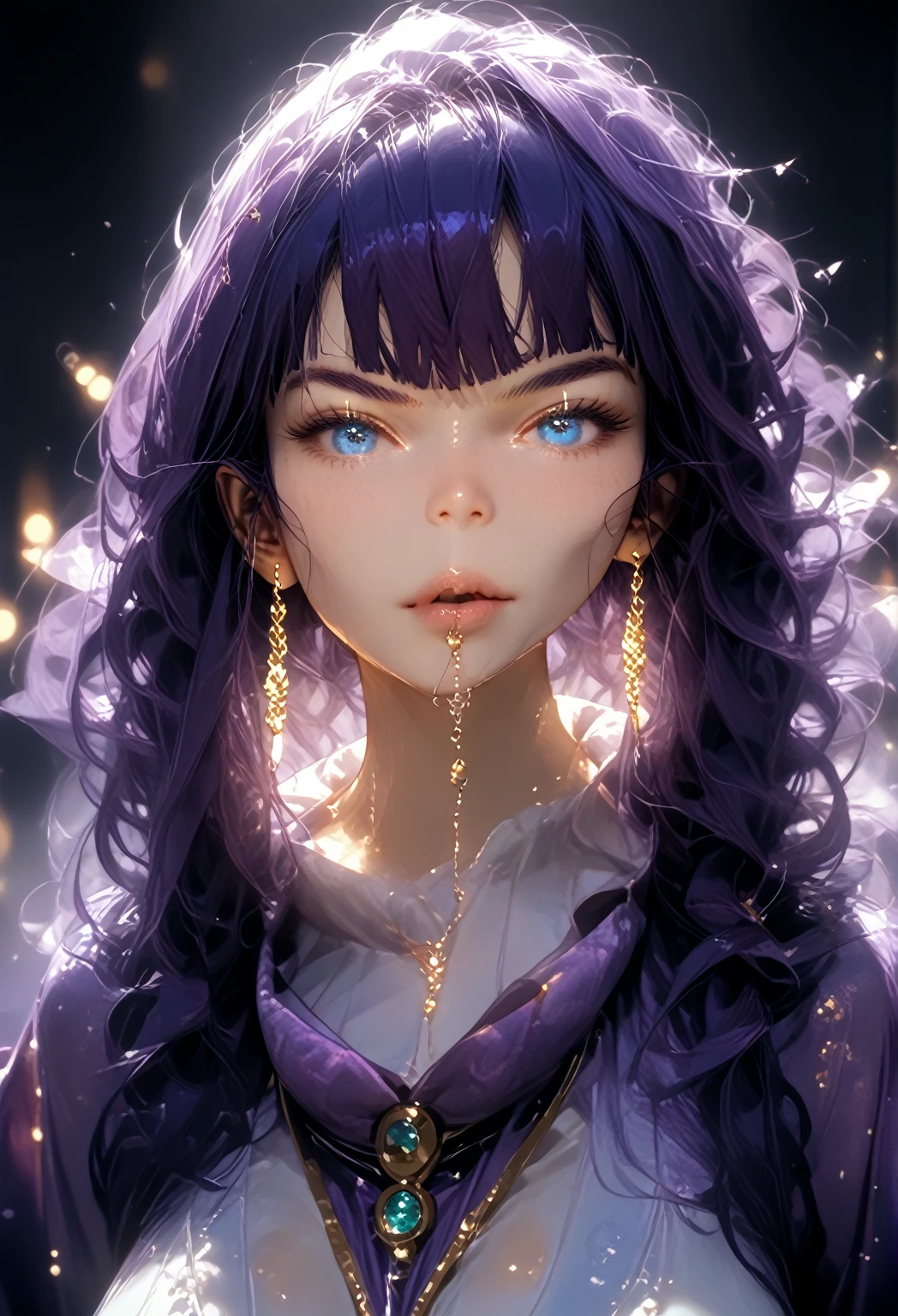 A Thai Lady Boy Solo Woman, gigantic Breasts, Purple hair, purple eyebrows. purple pubic hair , Dark Violet hair, Dark Ice Blue eyes , Pearl Neckless , Fancy Jewelry ,Wearing Gold Armor, futuristic San Francisco , intricate details, dramatic lighting, hyperrealism, photorealistic, cinematic, 8k sharp focus, unreal engine 5 effects--niji 5, style expressive ,Large Bulge in Crotch ,futanari , full body. SFW