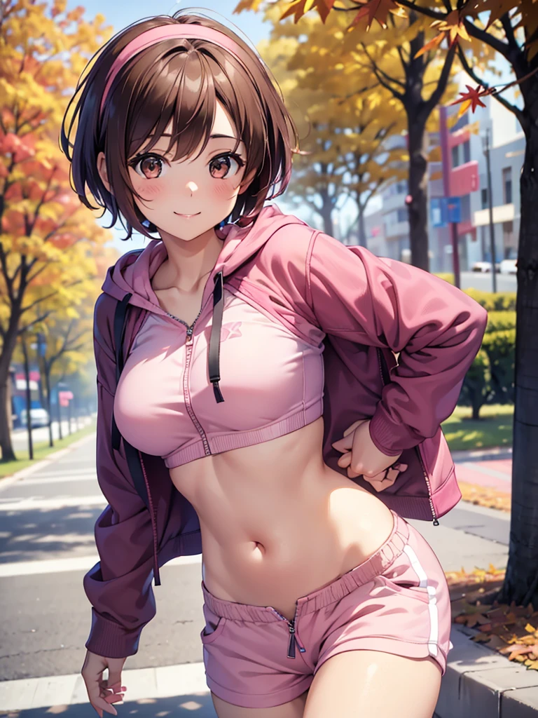 4K,cute, Brown Eyes ,Brown Hair,20-year-old woman,solo,Five beautiful fingers,Pink sports bra,Pink shorts,Pink hair band,smile,B Cup, short haired , looking at the camera ,Blurred Background,Autumn park,Wear a zip-up hoodie,There is a cat,