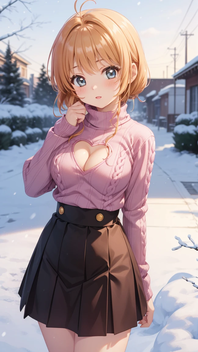 masterpiece, best quality, highres, 1girl, detailed face, blush, anime CG style, (medium breasts), (18 year old girl:1.3), (aged up), good lighting, perfect body, sakura kinomoto, glossy lips, snow, (knit sweater dress), pleated microskirt, heart cutout, cleavage cutout, clothing cutout