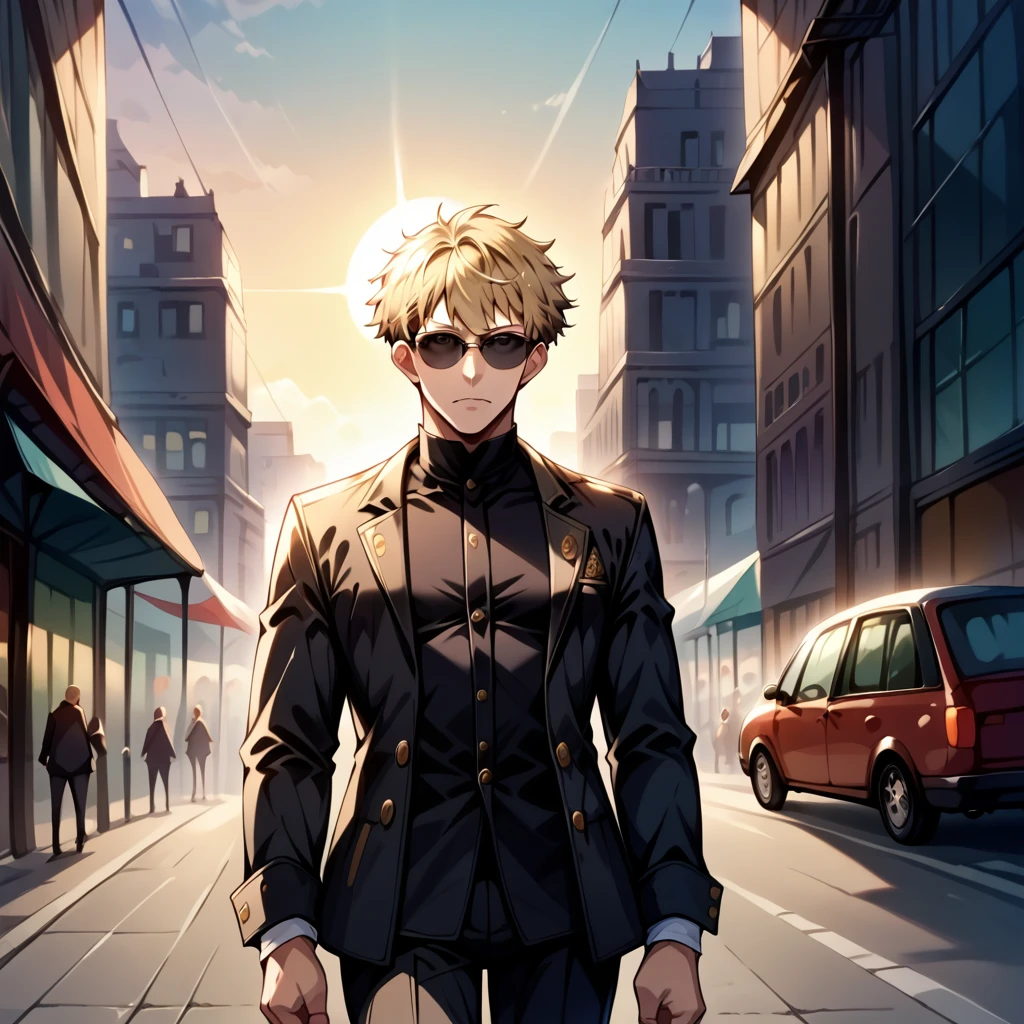 score_9, score_8_up, score_7_up, score_6_up, BREAK source_anime, rating_safe, SFW, 1man, front view, cowboy shot, wide angle, dark eyes, blonde hair, black clothes, spy clothes, spy gears, sun glasses, short hair, walking, dark colors, Indoor of a government building in the background, perfect lighting, line art