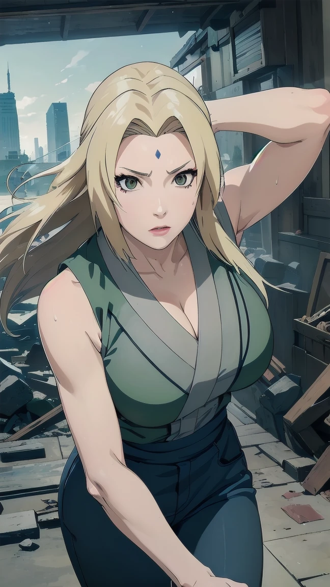 (masterpiece, Highest quality:1.2), alone, One Girl, Tsunade Defense, Forehead mark, View your viewers、((Battle Scenes、Fighting Pose、Sweat、Rocky area、wood、sunny、City in Ruins、audience、Navy Blue Pants、Green haori、Sleeveless、Torn clothes、Large areola、chest))、Beautiful girl with beautiful details, Professional photography lighting, Highly detailed eyes and face, Beautiful eyes in every detail、Beautiful detailed hair, Beautiful and exquisite cold face、anime、((Sleeveless、Underarm))