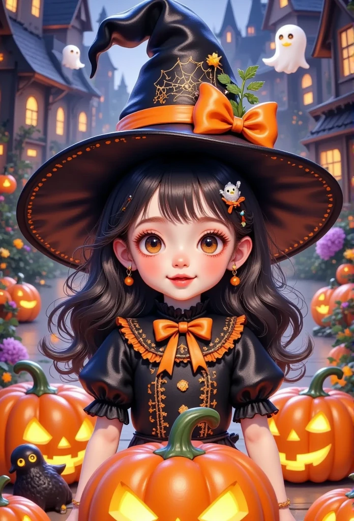 a close up of a child in a witch costume surrounded by pumpkins, a picture by Andreas Rocha, trending on cgsociety, fantasy art, witch girl, halloween art style, scarry but bewitching, witch fairytale, adorable digital painting, portrait of a young witch girl, 🍂 cute, bright witch, 🍁 cute, witchy, cute detailed digital art