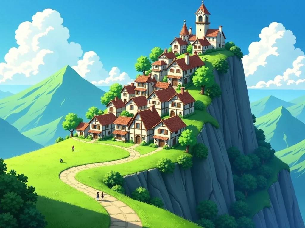 A small medieval town set on a mountain with grassy slopes on each side, in a low-angle view showing the town slightly elevated above the ground. The town features simple, colorful houses with cobblestone streets, creating a quaint and peaceful scene. The vibrant green grass and the open sky in the background emphasize the town's scenic and elevated mountain position, giving a cozy and inviting feel, anime style, 