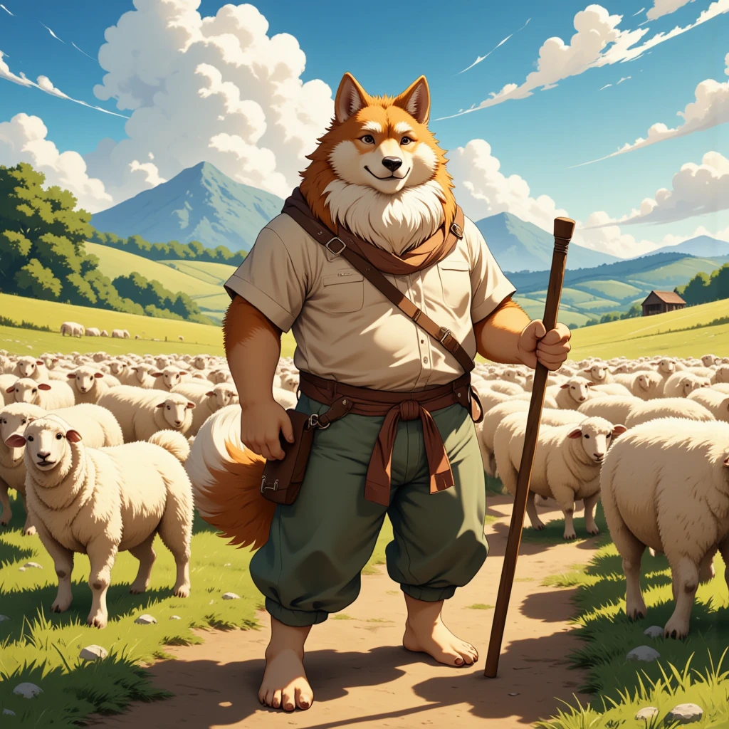 character focus, full body, looking away, dynamic angle, shepherd, middle-aged akita inu man, happy, light smile, costume clothes, shirt, pants, pastoral stick, a flock of sheep, detailed painting landscape, afternoon, sheep farm, outdoor, BREAK full body in Michelangelo Buonarroti style, housamo style, digital illustration anime, BREAK complete anatomy, perfect proportions, beautiful thigh gap, fluffy body, intricate fur details, beautiful fur texture, BREAK a detailed akita inu 1tail, detailed toe, 5toes, 5toes nails, beautiful foot, detailed hands, 5fingers, 5fingers nails, BREAK aesthetic anime face, insanity detailed face, male face, big face, square jawline, aesthetic anime eyes, detailed brown eyes, detailed brown cornea, detailed dark brown irises, detailed pupils, male eyes, big eyes, male eyebrows, innocent look, beautiful beard, BREAK masterpiece, official art, best quality, very aesthetic, absurdres, super fine illustration, great quality, BREAK noise reduction, very highres, large filesize, high quality, 32K, 8k wallpaper, dynamic lighting, BREAK insanity detailed, ultra detailed, intricate details, extremely detailed, detailed texture, an extremely delicate and beautiful, full color, HDR, BREAK e621 illustration, osukemo, kemohomo, anthropomorphic, furry, cartoon, harmonious eyes, pastoral face, virtuous body, epic atmosphere 