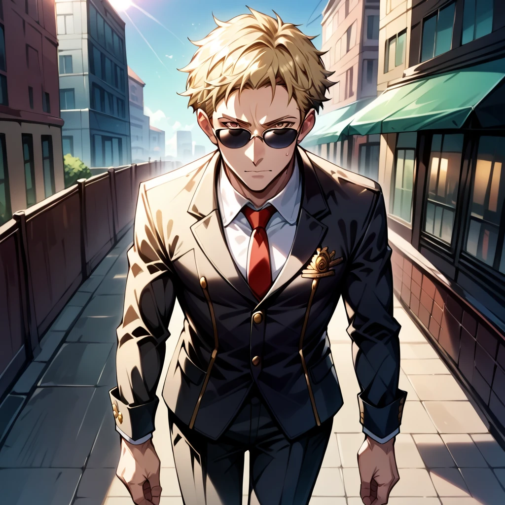 score_9, score_8_up, score_7_up, score_6_up, BREAK source_anime, rating_safe, SFW, 1man, fisheye view, dutch angle, dark eyes, blonde hair, black clothes, spy clothes, spy gears, sun glasses, short hair, walking, dark colors, Indoor,  a government building enviroment, perfect lighting, line art