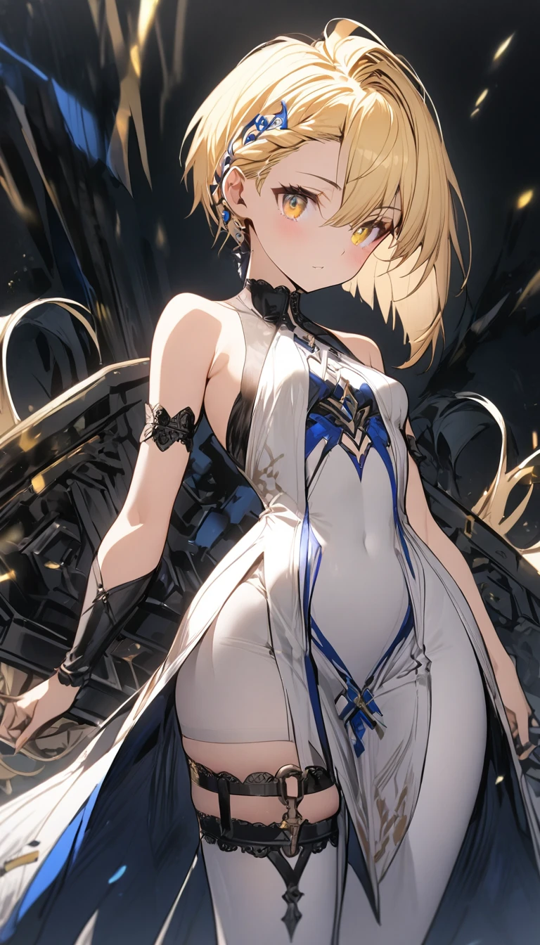 1 girl, blonde hair, undercut hairstyle with long bangs with a braid behind , with yellow eyes,  small breasts, slim, with wide hips, wearing a white dress with blue and black decorations, short sleeveless double opening,  with a leather garter on the thigh , with white tights without tip or heel  