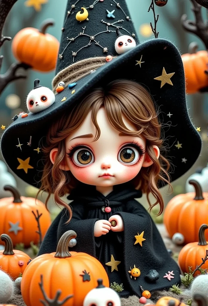 a close up of a child in a witch costume surrounded by pumpkins, a picture by Andreas Rocha, trending on cgsociety, fantasy art, witch girl, halloween art style, scarry but bewitching, witch fairytale, adorable digital painting, portrait of a young witch girl, 🍂 cute, bright witch, 🍁 cute, witchy, cute detailed digital art