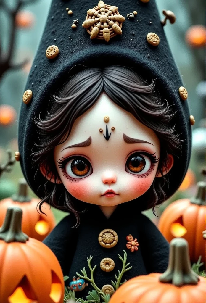 a close up of a child in a witch costume surrounded by pumpkins, a picture by Andreas Rocha, trending on cgsociety, fantasy art, witch girl, halloween art style, scarry but bewitching, witch fairytale, adorable digital painting, portrait of a young witch girl, 🍂 cute, bright witch, 🍁 cute, witchy, cute detailed digital art