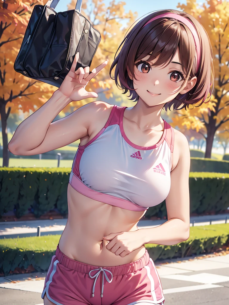 4K,cute, Brown Eyes ,Brown Hair,20-year-old woman,solo,Five beautiful fingers,Pink sports bra,Pink shorts,Pink hair band,smile,B Cup, short hair, looking at the camera ,Blurred Background,Autumn park, female character wearing training wear ,