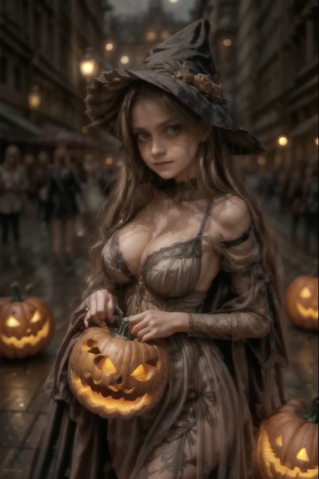 
A cute pumpkin queen, highly detailed face, beautiful detailed eyes, beautiful detailed lips, extremely detailed face, long eyelashes, pumpkin costume, pumpkin followers holding lanterns, city street at night, skyscrapers, street lamps, moon, fog, spooky atmosphere, cinematic lighting, vibrant colors, 8k, photorealistic, concept art. european pumpkin queen, cute pumpkin queen