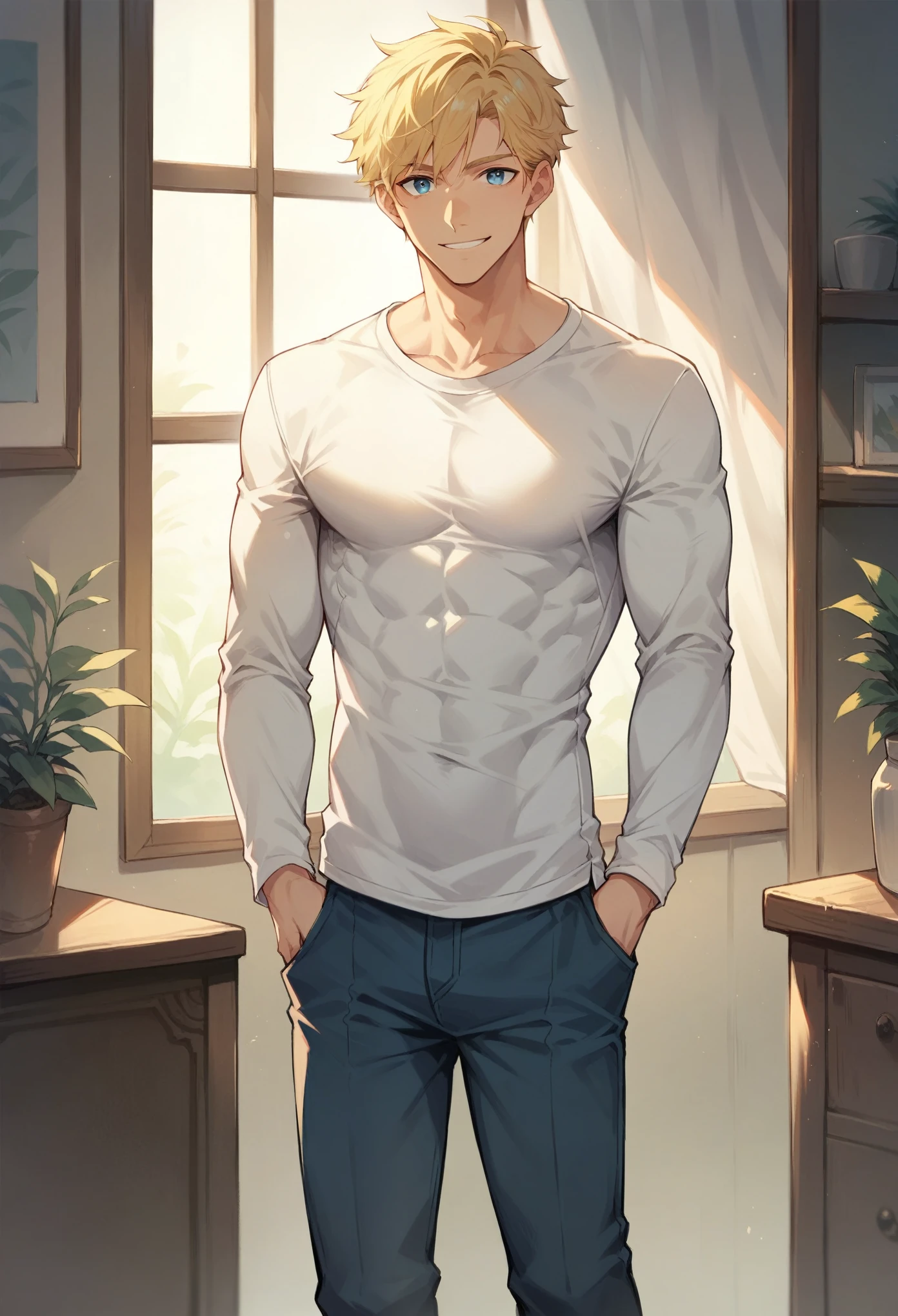 score_9, score_8_up, score_7_up, score_6_up, 1boy, solo, straight hair, short hair, blonde hair, blue eyes, muscular, white shirt, long sleeves, pants, indoors, standing, looking at viewer, smile