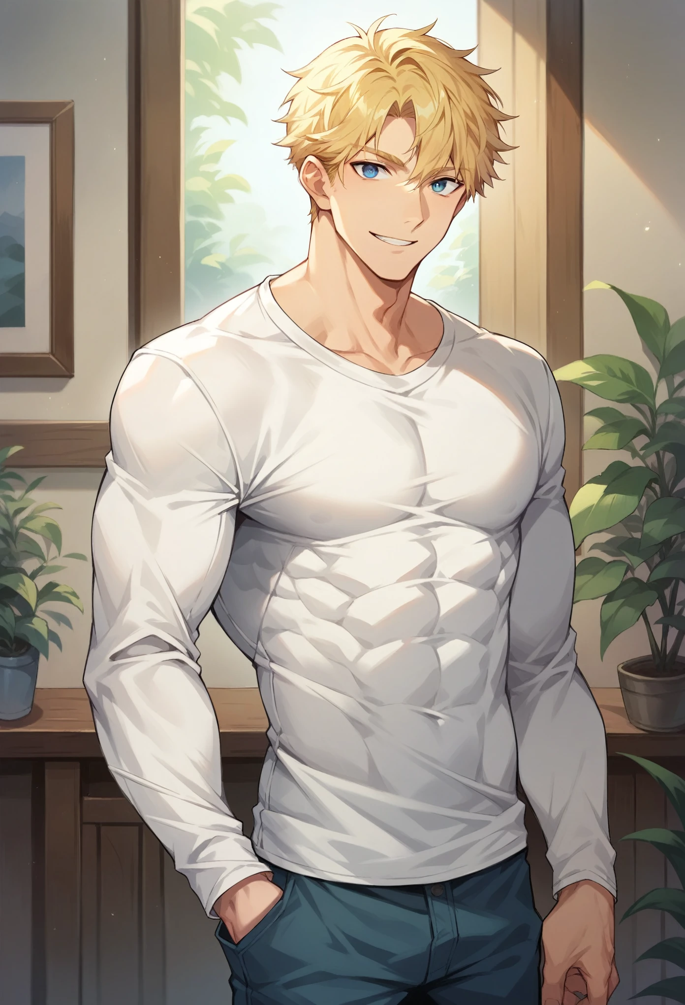 score_9, score_8_up, score_7_up, score_6_up, 1boy, solo, straight hair, short hair, blonde hair, blue eyes, muscular, white shirt, long sleeves, pants, indoors, standing, looking at viewer, smile