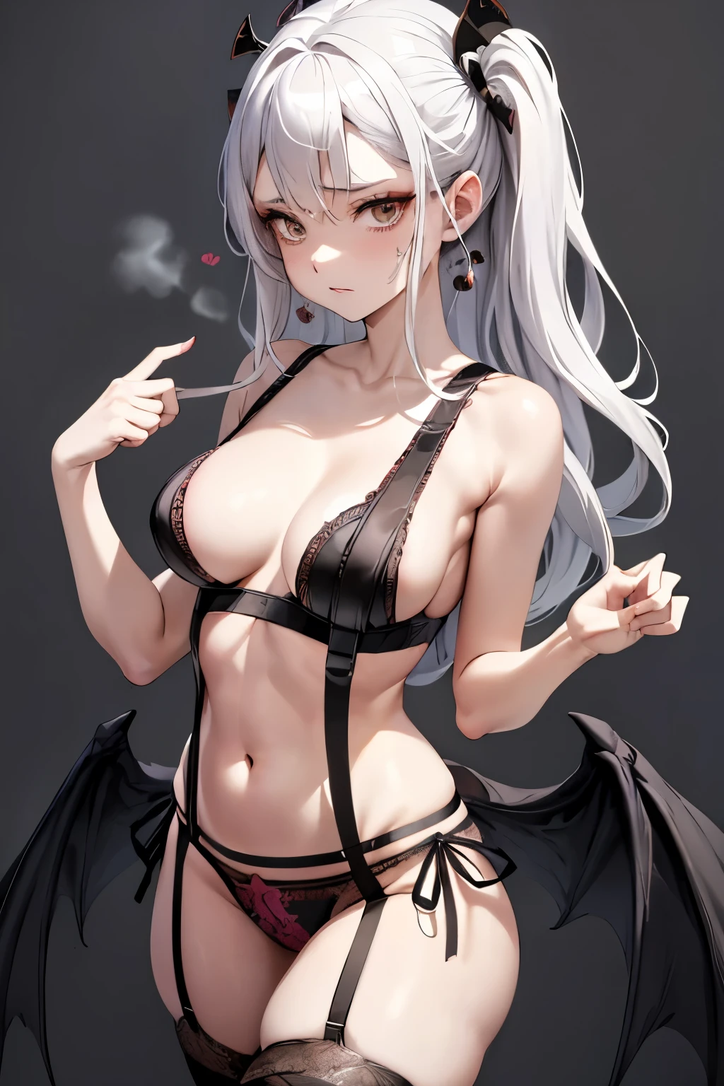 (Best quality, 8k, 32k, Masterpiece, UHD,:1.2),RAW, human, 1girl,ultra cute , ultra cute, natural lighting,transparent shining eyes, 20yo, medium breast ,femur, fair complexion , flushed face, deep red, bra and panties,devil, demon, devil wings, wariza, From above, Closeup shot, nsfw,
