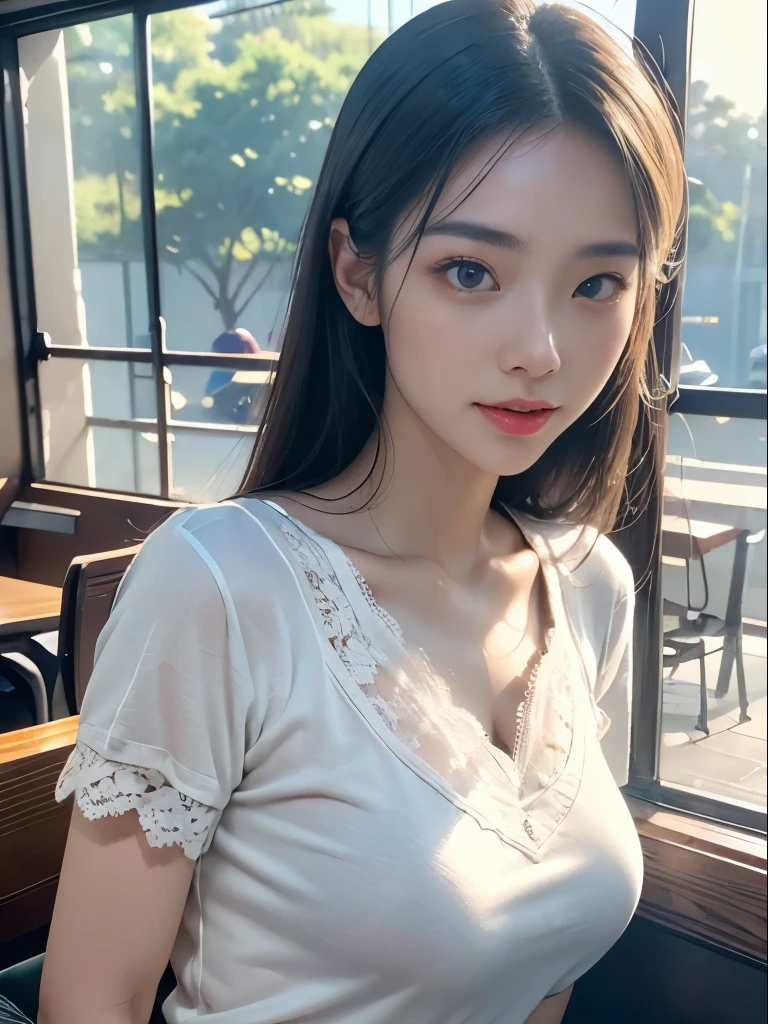 ​masterpiece、Top image quality:1.2、((beautiful young woman with))、Transparent skin:1.2、{A slight smil}、(kawaii)、Transparent short sleeve knit:1.2、luxury hotel、depth of fields、Sharp Focus:1.5、Fine details