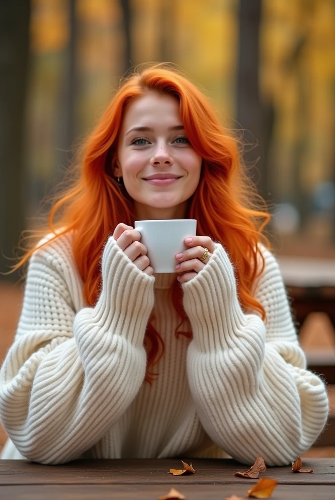 beautiful orange haired young woman sitting at a picnic table in the fall with a big comfy off white sweater on that almost covers her hands as she sips a steaming hot cup of coffee and watches the leaves fall, realistic, photography, happy