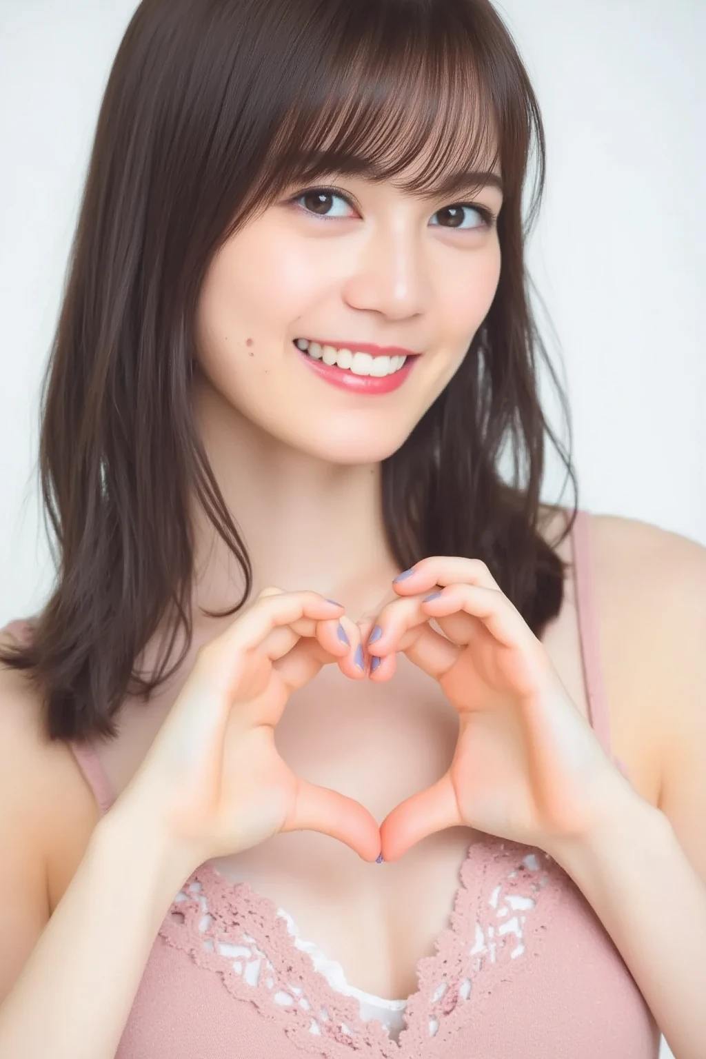 She is in a pose wearing a sexy camisole, making a firm big heart shape with both hands, and holding it in front of her chest, Cute smile up

