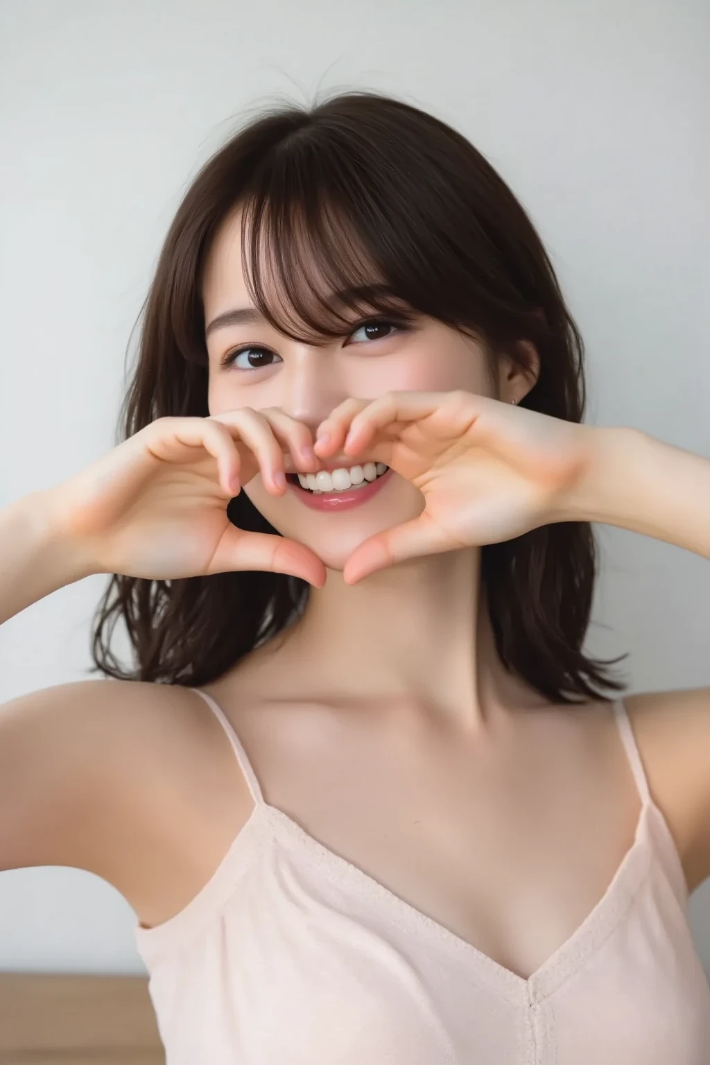 She is in a pose wearing a sexy camisole, making a firm big heart shape with both hands, and holding it in front of her chest, Cute smile up

