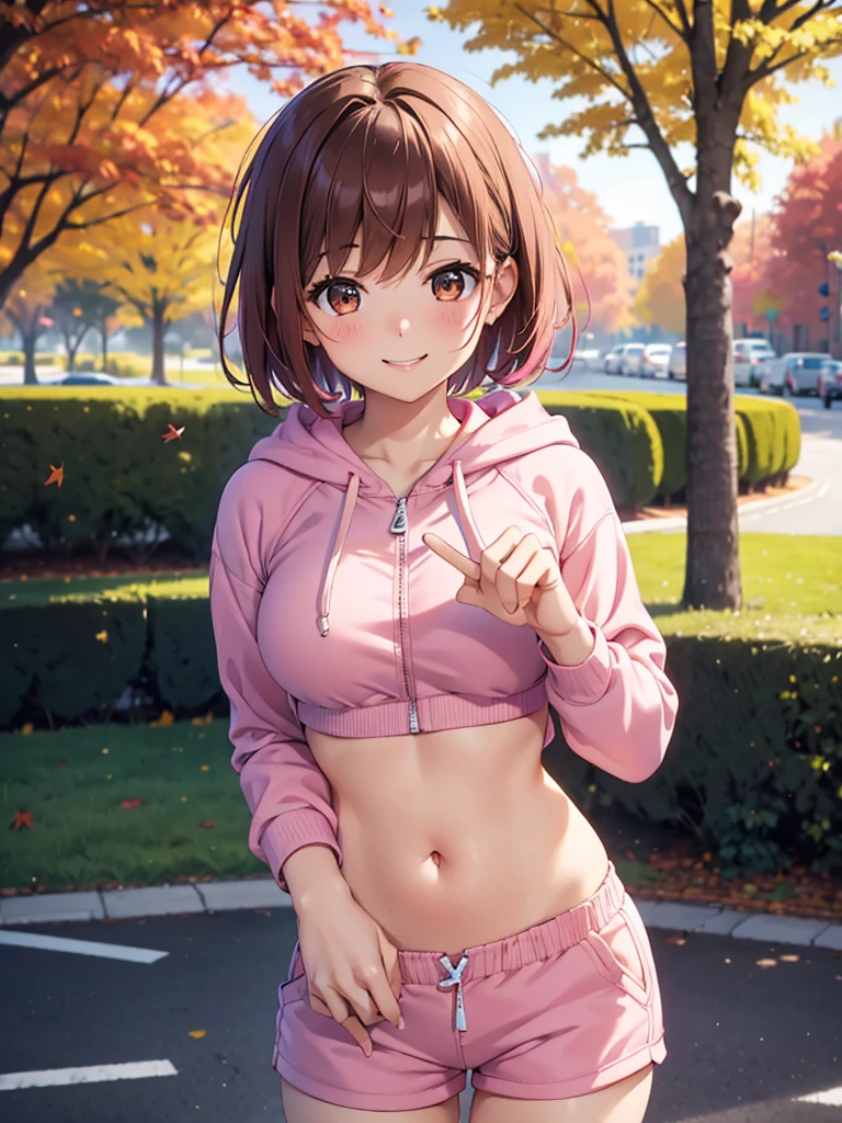 4K,cute, Brown Eyes ,Brown Hair,20-year-old woman,solo,Five beautiful fingers,Pink sports bra,Pink shorts,Pink hair band,smile,B Cup, short hair, looking at the camera ,Blurred Background,Autumn park,zip-up hoodie,