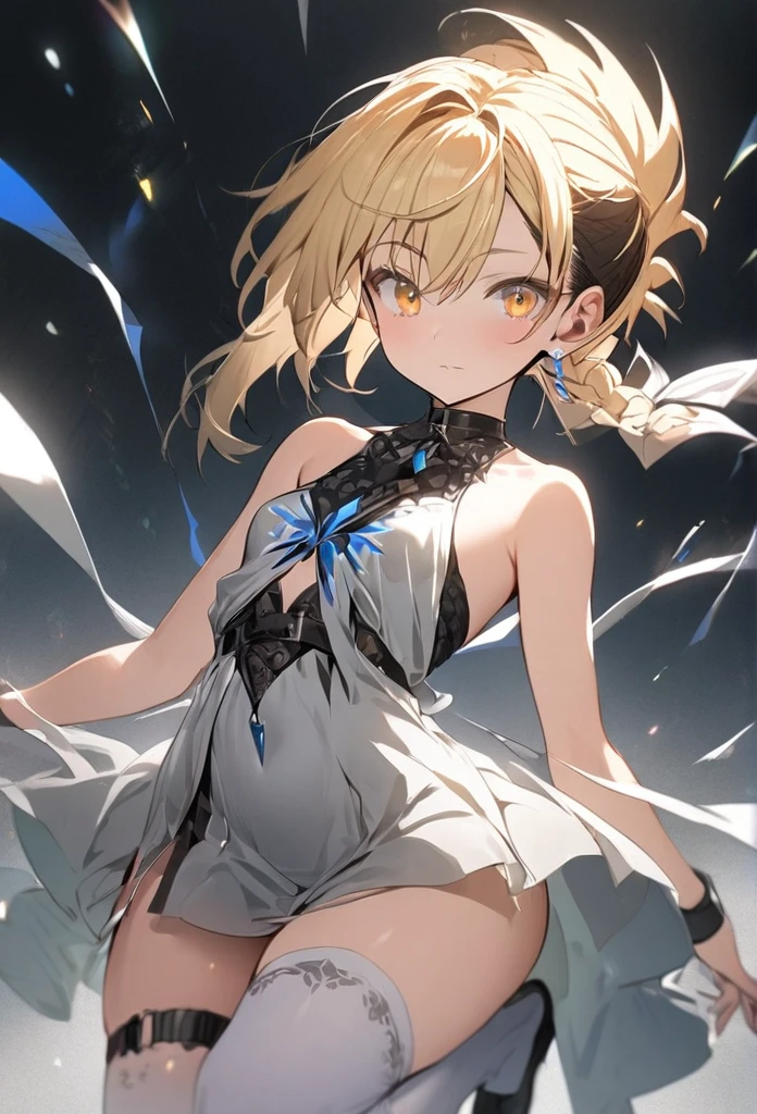 1 girl, blonde hair, undercut hairstyle with long bangs with a braid behind , with yellow eyes,  small breasts, slim, with wide hips, wearing a white dress with blue and black decorations, short sleeveless double opening,  with a leather garter on the thigh , with white tights without tip or heel  