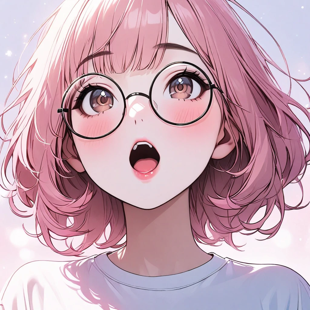 Tiny girl, pastel pink hair, soft brown eyes, beautiful, nerdy t-shirt, face close-up, lipgloss, brat, big round glasses, korean, wide mouth, submissive, looking up, pink cheeks, short hair, lip-fillers, curls, girly, pale skin 