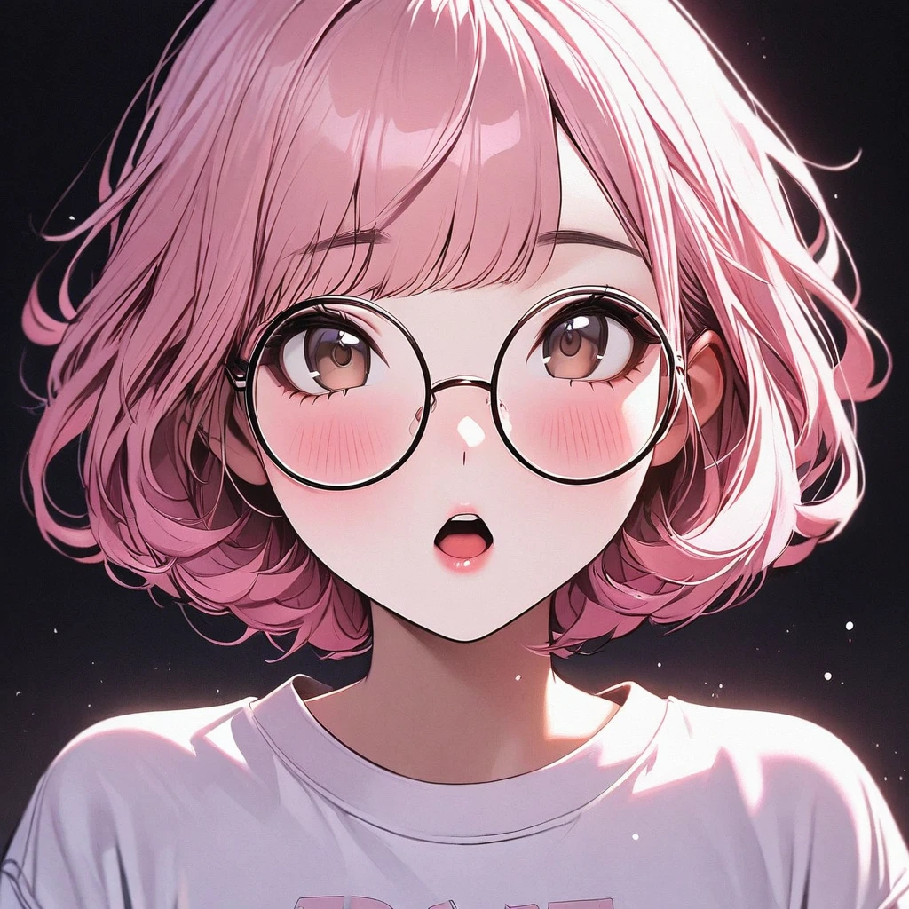 Tiny girl, pastel pink hair, soft brown eyes, beautiful, nerdy t-shirt, face close-up, lipgloss, brat, big round glasses, korean, wide mouth, submissive, looking up, pink cheeks, short hair, lip-fillers, curls, girly, pale skin 