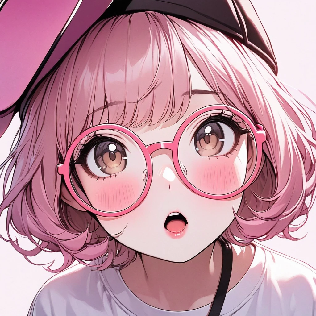 Tiny girl, pastel pink hair, soft brown eyes, beautiful, nerdy t-shirt, face close-up, lipgloss, brat, big round glasses, korean, wide mouth, submissive, looking up, pink cheeks, short hair, lip-fillers, curls, girly, pale skin 