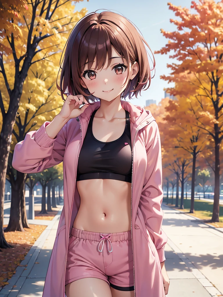 4K,cute, Brown Eyes ,Brown Hair,20-year-old woman,solo,Five beautiful fingers,Pink sports bra,Pink shorts,Pink hair band,Long coat,smile,B Cup, short hair, looking at the camera ,Blurred Background,Autumn park,