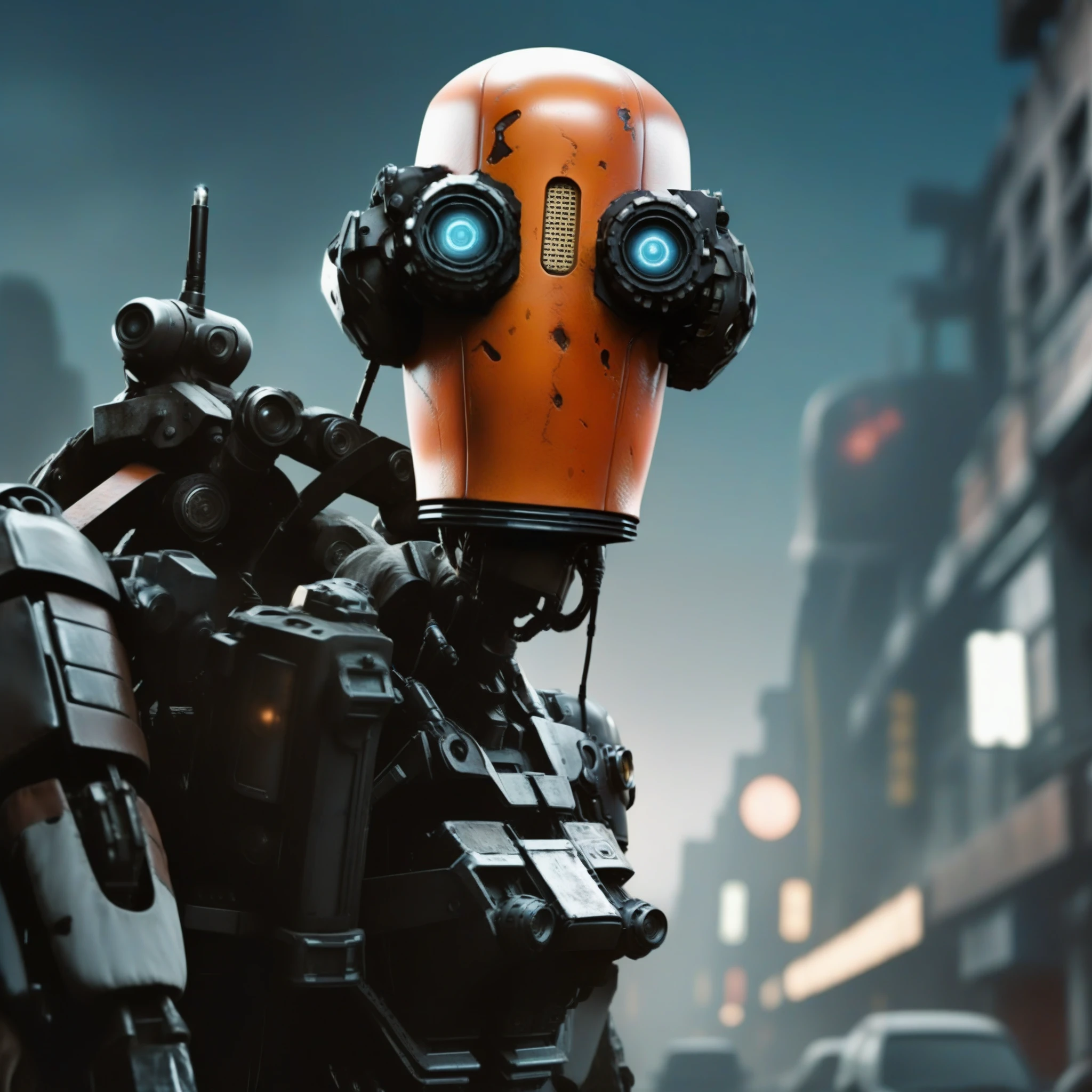 a highly detailed robot in a post-apocalyptic city, professional photography, ultra-sharp focus, film, bokeh, 1girl, beautiful detailed eyes, beautiful detailed lips, extremely detailed face and portrait, cinematic, dramatic lighting, moody, dark, gritty, weathered, dystopian, cyberpunk, neon lights, muted colors, sci-fi, concept art