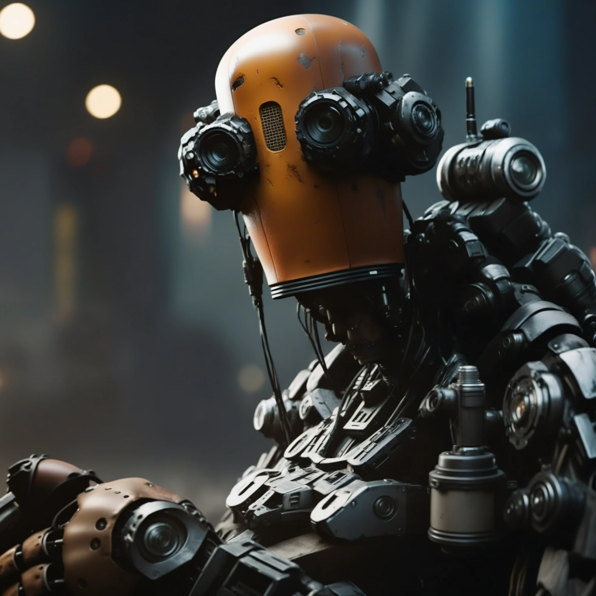 a highly detailed robot in a post-apocalyptic city, professional photography, ultra-sharp focus, film, bokeh, 1girl, beautiful detailed eyes, beautiful detailed lips, extremely detailed face and portrait, cinematic, dramatic lighting, moody, dark, gritty, weathered, dystopian, cyberpunk, neon lights, muted colors, sci-fi, concept art