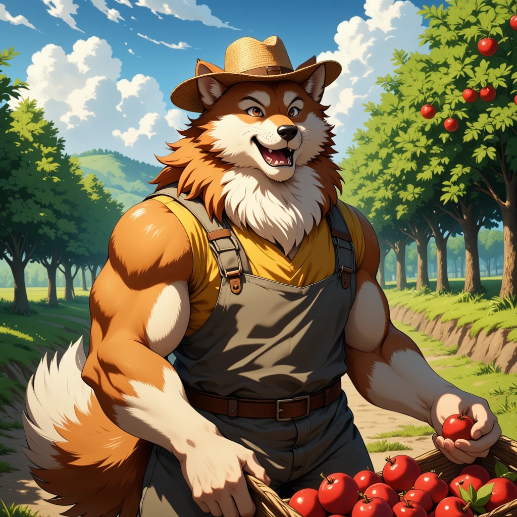 character focus, full body, looking away, dynamic angle, farmer, a musclegut middle-aged akita inu man, full body in Michelangelo Buonarroti style, housamo style, digital illustration anime, niji6, BREAK happy, little smile, working were clothes, straw hat, shirt, pants, sweet apple, harvesting fruits, dynamic pose, detailed painting landscape, morning, a grove of trees wordnet, tall sweet apple trees, outdoor, full color, HDR, BREAK complete anatomy, perfect proportions, beautiful thigh gap, fluffy body, intricate fur details, beautiful fur texture, BREAK (a detailed akita inu 1tail), detailed toe, 5toes, 5toes nails, beautiful foot, detailed hands, 5fingers, 5fingers nails, BREAK anime face, insanity detailed face, male face, big face, square jawline, anime intense eyes, detailed brown eyes, detailed brown cornea, detailed dark brown irises, detailed pupils, male eyes, male eyebrows, beautiful beard, BREAK masterpiece, official art, best quality, very aesthetic, absurdres, super fine illustration, great quality, BREAK noise reduction, very highres, large filesize, high quality, 32K, 8k wallpaper, dynamic lighting, BREAK insanity detailed, ultra detailed, intricate details, extremely detailed, detailed texture, an extremely delicate and beautiful, BREAK e621 illustration, osukemo, kemohomo, anthropomorphic, furry, harmonious body, pastoral face, virtuous eyes, harvesting atmosphere