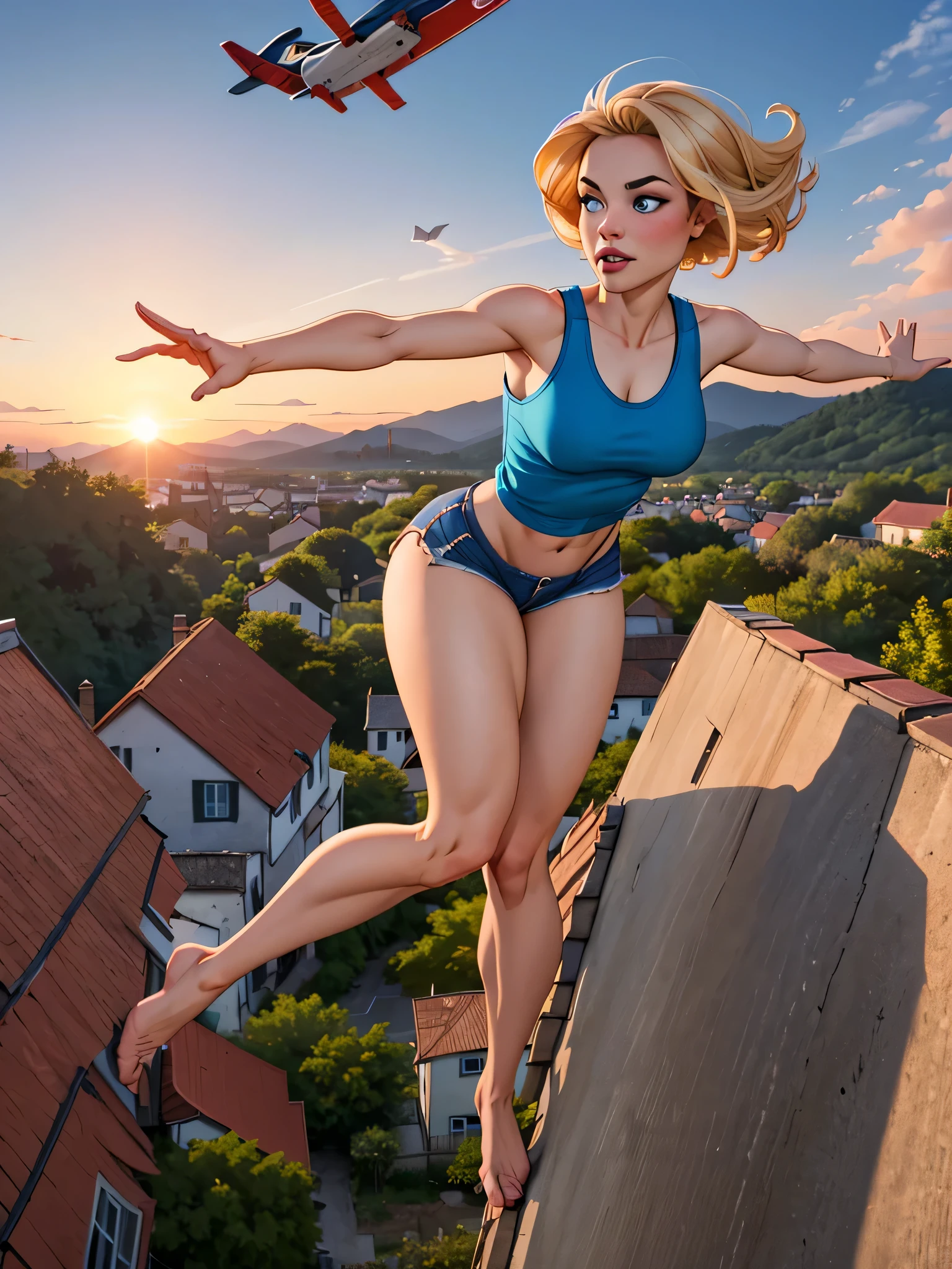 Blonde girl with short hair, blue eyes, curves, breasts, thighs, wearing a red tank top and blue shorts flying over a small village, sunrise