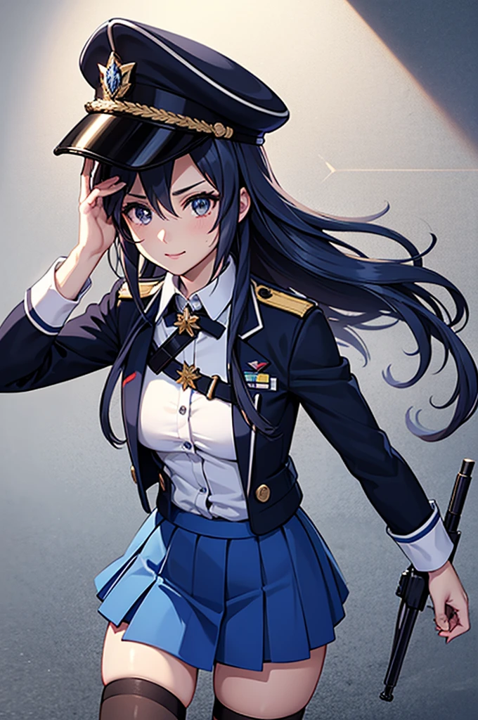 ((CG)), ( Bradilena Milise:1.2), Solo Character, (point_Pistol_in_of_camera), [Sliver|white] Long Hair,  blue eyes , ( cold eyes ),  beautiful eyes,  ブルーofヘッドウェア, blue  jacket, blue skirt, hin,  jacket, military, military hin, military uniform, peaked cap, shirt, skirt, uniform, white shirt, white thighhighs, dust in of war ground, ([Anime | Realistic]  style )