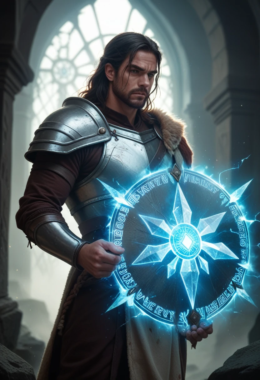 large energy shield in the left hand, clean energy shield, crystals, Fantasy, energy, Dark Character, game