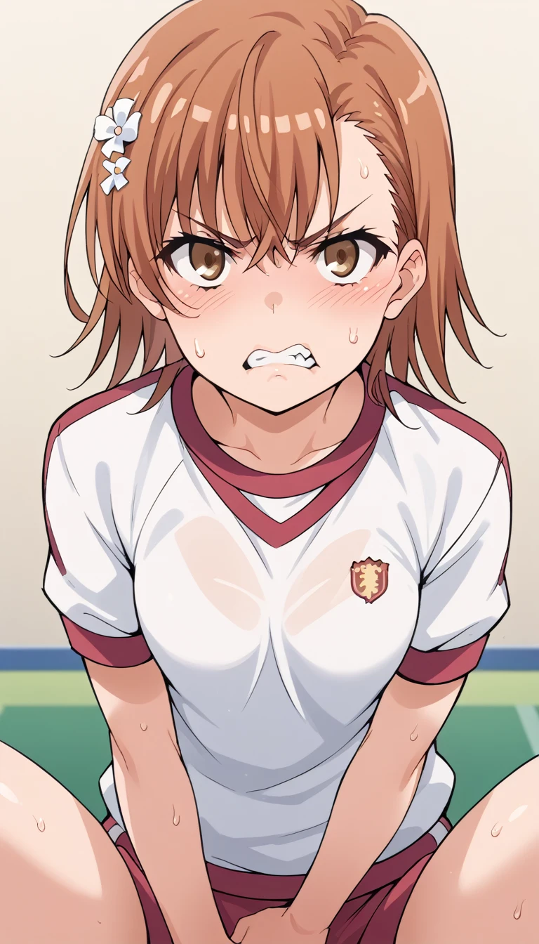 1girl,mikoto misaka, short hair, brown hair, hair ornament, hair flower, brown eyes, gym uniform ,looking at viewer,(sweat:1.1),(scowled:1.3),(serious:1.2), (angry:1.3), neat,(frown:1.3),(blush:1.3),(despair:1.2),(close mouth,clenching teeth:1.1),(masturbation:1.3)
