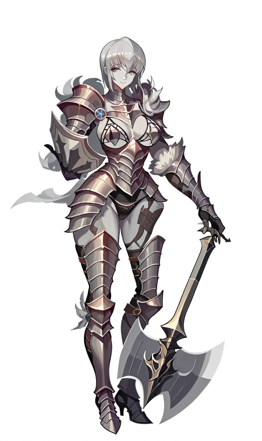 (masterpiece, anthropomorphic fantasy anime style, creative art), a beautiful woman, posing, big breasts, curvy, voluptuous, expressive, cheerful, smiling, harmonious colors, dynamic composition, cinematic lighting, highly detailed, 8k, concept art style, a woman in armor holding a sword and shield, bikini armor knight, girl of armor, knight, RPG character concept art,  RPG character  concept art, Female Warrior, Valkyrie Mechanized Woman , female champion,  RPG character  art, heavy fantasy armor, female armor,  in monster hunter armor ,  detailed full-body concept art,  RPG character , concept art of a warrior