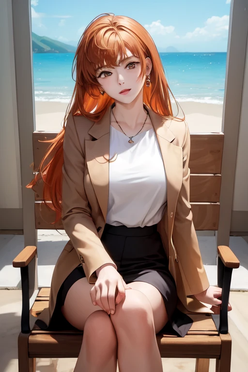 (masterpiece:1.4), (better quality:1.2), yoo sangah, 1 girl, white shirt, brown jacket, orange hair, upper body, Sitting on a beach chair in space