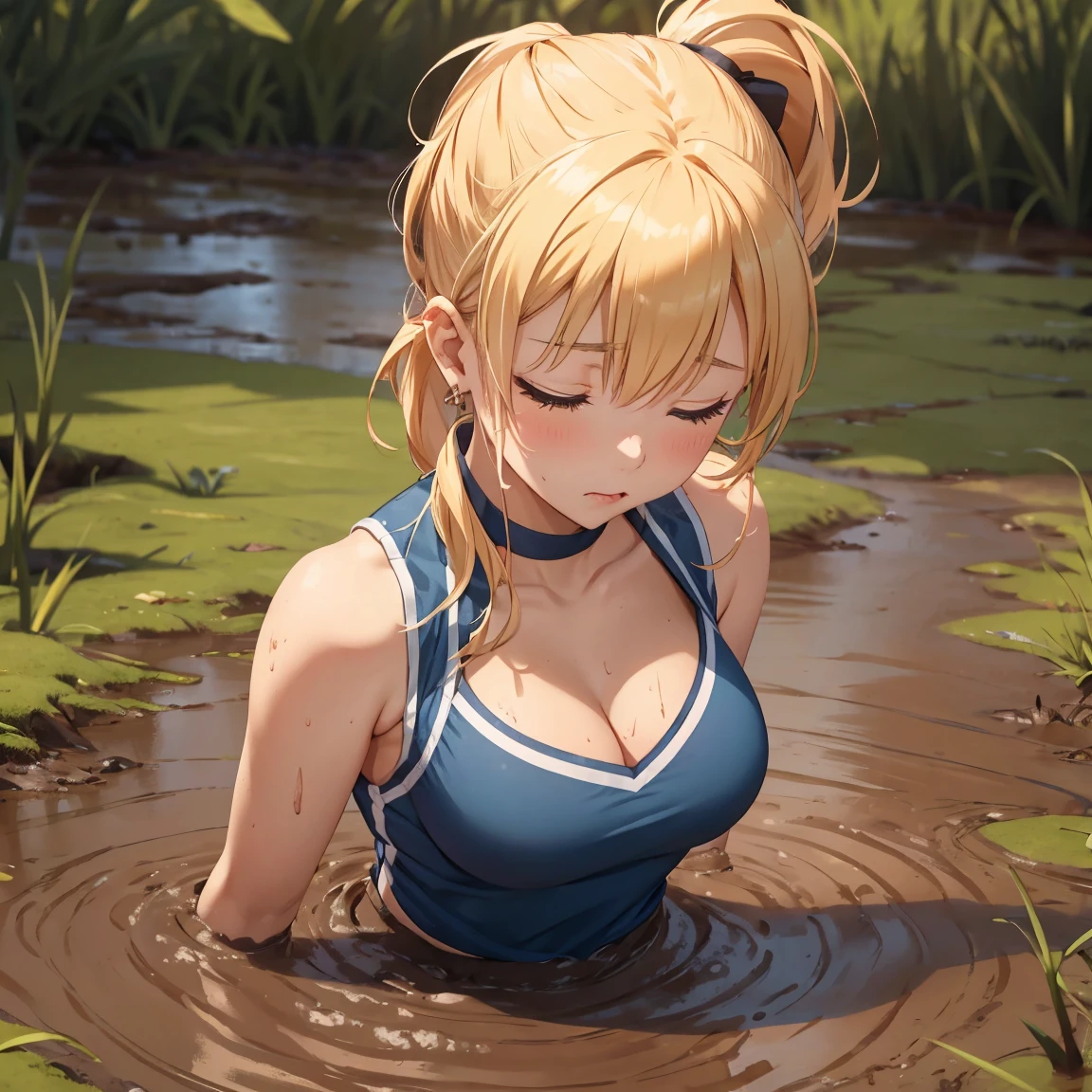 A pretty girl in a sleeveless cheer uniform, cleavage, blonde or ginger, ponytail hair, wearing earrings, beautiful, she is sunken up to her waist in the middle of quicksand, bog, swamp, marsh, muddy, messy, deep mud, orgasm, intimate moment, passion, her head is cocked back, her eyes are closed, her mouth is open